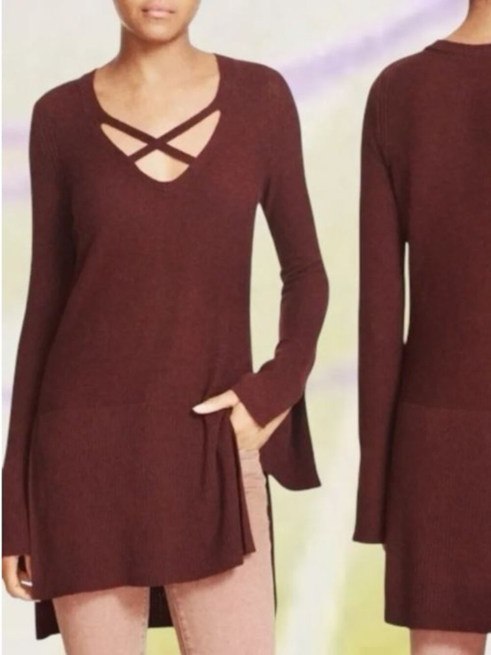 Free People Criss Cross Women's Sweater Tunic Size Small Dark Red